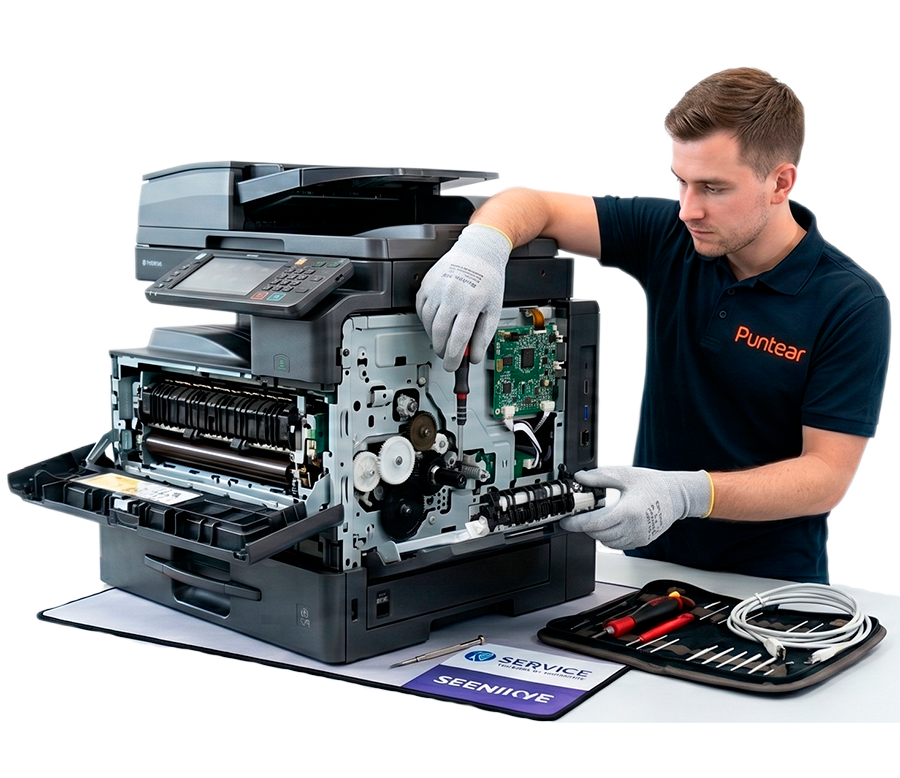 Prompt: Professional technician hands repairing printer, technical repair scene, tools and printer components visible, corporate technical support, high quality photography, clean background, detailed close-up view, professional lighting, 4K quality