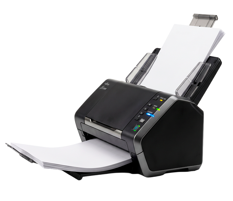 Prompt: Professional high-speed document scanner, Fujitsu or Canon brand style, sleek modern design, automatic document feeder visible, corporate office equipment, high quality product photography, clean white background, side angle view, LED indicators visible, 4K quality